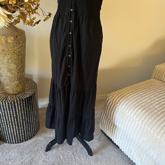 SOLDBlack Milkmaid Ruffle Dress Full Length Buttons Embroidered Polka Dots - Picture 4 of 10